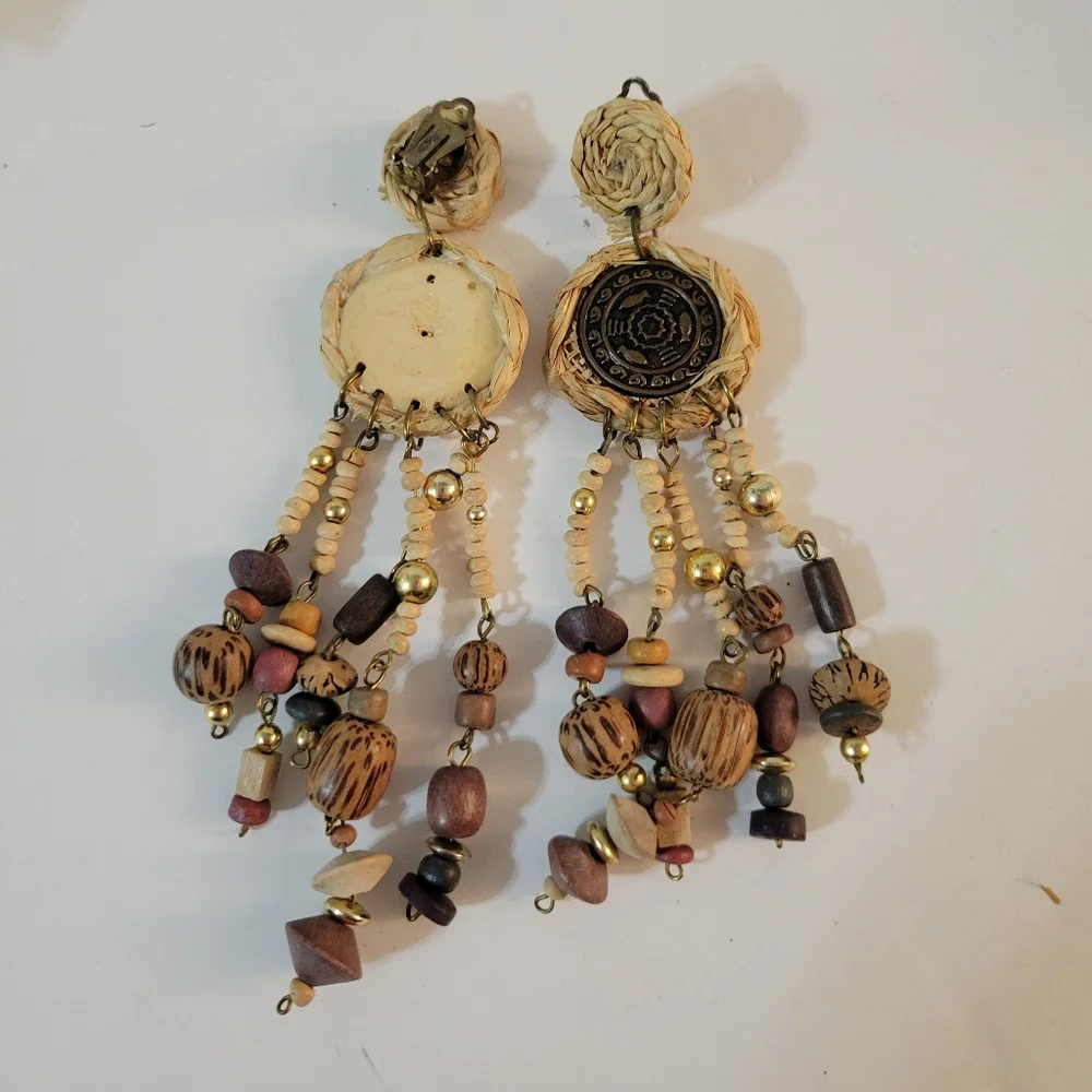 Natural Boho Raffia Tassel Clip On Earrings